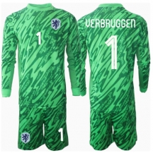 Nederland Bart Verbruggen #1 Keeper Thuis tenue Kids EK 2024 Lange Mouwen (+ broek)