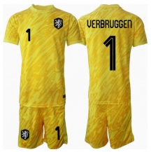 Nederland Bart Verbruggen #1 Keeper Uit tenue Kids EK 2024 Korte Mouwen (+ broek)